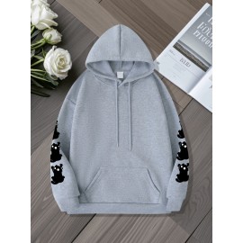 Women'S Plus Size Cat Drawing Print Hoodie, Casual Drawstring Hooded Long Sleeve Kangaroo Pocket Sweatshirt, Women'S Plus Size Clothing