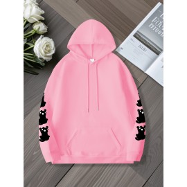 Women'S Plus Size Cat Drawing Print Hoodie, Casual Drawstring Hooded Long Sleeve Kangaroo Pocket Sweatshirt, Women'S Plus Size Clothing