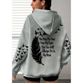 Women's Plus Size Soft Casual Hooded Sweatshirt with Artistic Back Print - Black & White & Bird Design, Kangaroo Pocket, Relaxed Fit, Machine Washable, All-Season Comfort, Ladies Sweatshirts, Decorative Text Design