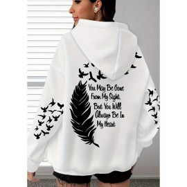 Women's Plus Size Soft Casual Hooded Sweatshirt with Artistic Back Print - Black & White & Bird Design, Kangaroo Pocket, Relaxed Fit, Machine Washable, All-Season Comfort, Ladies Sweatshirts, Decorative Text Design