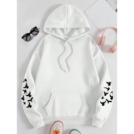 Women's Plus Size Soft Casual Hooded Sweatshirt with Artistic Back Print - Black & White & Bird Design, Kangaroo Pocket, Relaxed Fit, Machine Washable, All-Season Comfort, Ladies Sweatshirts, Decorative Text Design