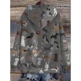 Plus Size Dogs Print Kangaroo Pocket Hoodie, Casual Long Sleeve Drawstring Hoodies Sweatshirt For Spring & Fall, Women's Plus Size Clothing