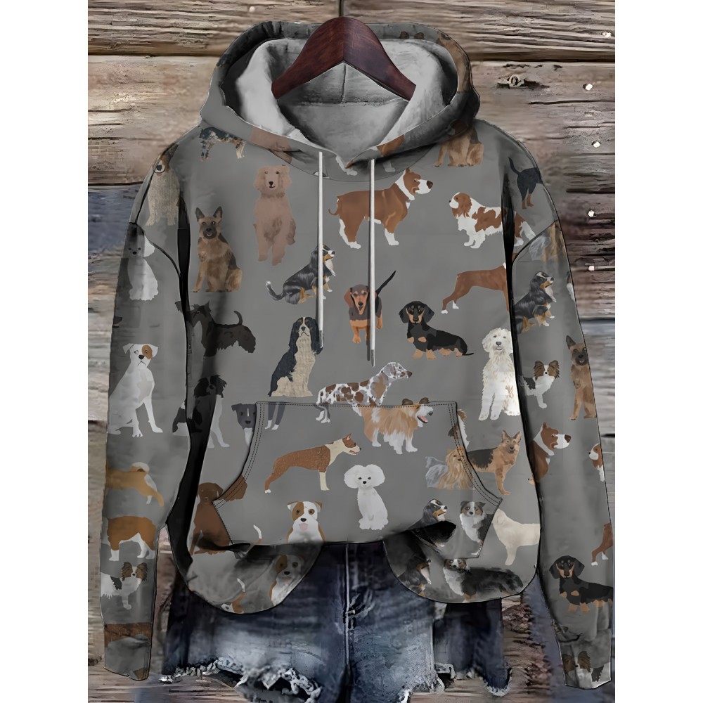 Plus Size Dogs Print Kangaroo Pocket Hoodie, Casual Long Sleeve Drawstring Hoodies Sweatshirt For Spring & Fall, Women's Plus Size Clothing