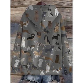 Plus Size Dogs Print Kangaroo Pocket Hoodie, Casual Long Sleeve Drawstring Hoodies Sweatshirt For Spring & Fall, Women's Plus Size Clothing