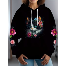 Plus Size - Women'S Plus Size Floral Cat Print Hoodie - Black Pullover Sweatshirt with Blue Eyes, Cozy Fall Winter Hooded Sweater for Everyday & Formal Outfits, Cute Cat Lover Gift, Casual Wear, Playful Design, Comfortable Fabric, Stylish Hooded Top, Fashion Enthusiasts, Cat Sqeatshirt, Curvy Sweatshirt For Women, Hoodie For Women Plus Size, Sweatshirt For Women, Pull For Women Plus Size, Pullover Women Large Size, Sweatshirt Women Large Size, Hoodie Women Large Size