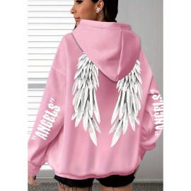 [Plus Size Angel Wings Hoodie] Soft & Comfortable Plus Size Angel Wings Print Hoodie | Long Sleeve Pullover with Pockets, Casual Style for Women, All Season Wear