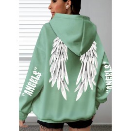 [Plus Size Angel Wings Hoodie] Soft & Comfortable Plus Size Angel Wings Print Hoodie | Long Sleeve Pullover with Pockets, Casual Style for Women, All Season Wear