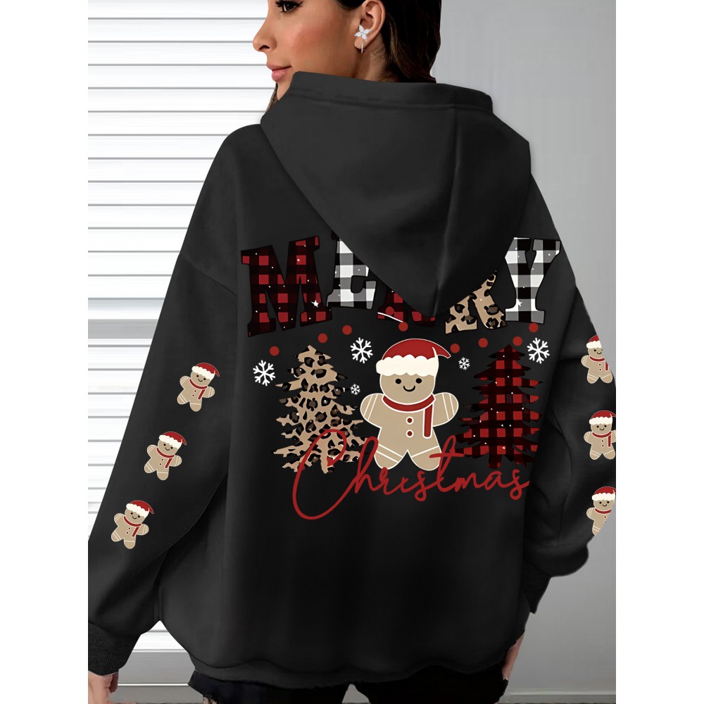 Plus Size, Women's Oversized Christmas Gingerbread Cookie Print Hooded Sweatshirt - Soft Long Sleeve Pullover with Pocket, Merry Christmas Lettering & Plaid Snowflake Design, Cozy Casual Holiday Sweater for Casual Attire (Machine Washable)