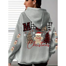 Plus Size, Women's Oversized Christmas Gingerbread Cookie Print Hooded Sweatshirt - Soft Long Sleeve Pullover with Pocket, Merry Christmas Lettering & Plaid Snowflake Design, Cozy Casual Holiday Sweater for Casual Attire (Machine Washable)