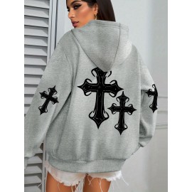 [Faithinspired Plus Size Hoodie] Faithinspired Plus Size Women's Elegant Casual Hooded Sweatshirt - Black Cross Print Long Sleeve Pullover, Cozy Fall & Winter Machine Washable Hoodie, Soft Fabric, Stylish, Durable Construction
