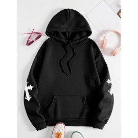 [Faithinspired Plus Size Hoodie] Faithinspired Plus Size Women's Elegant Casual Hooded Sweatshirt - Black Cross Print Long Sleeve Pullover, Cozy Fall & Winter Machine Washable Hoodie, Soft Fabric, Stylish, Durable Construction