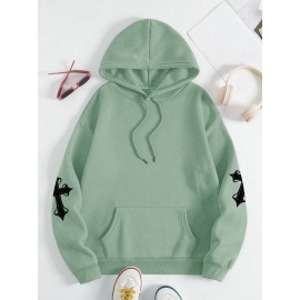 [Faithinspired Plus Size Hoodie] Faithinspired Plus Size Women's Elegant Casual Hooded Sweatshirt - Black Cross Print Long Sleeve Pullover, Cozy Fall & Winter Machine Washable Hoodie, Soft Fabric, Stylish, Durable Construction