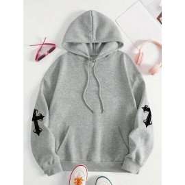 [Faithinspired Plus Size Hoodie] Faithinspired Plus Size Women's Elegant Casual Hooded Sweatshirt - Black Cross Print Long Sleeve Pullover, Cozy Fall & Winter Machine Washable Hoodie, Soft Fabric, Stylish, Durable Construction