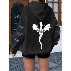 [Dragon Print Hoodie] Plus Size Dragon Print Hoodie - Casual Long Sleeve Pullover with Drawstring, Kangaroo Pocket - 100% Polyester, Slight Stretch, All Season Knit Fabric Hooded Sweatshirt