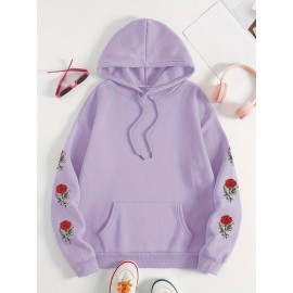 Plus Size Floral Rose Print Hoodie - Cozy, Stylish, 100% Polyester Knit Fabric, Slight Stretch for Fall/Winter