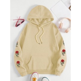 Plus Size Floral Rose Print Hoodie - Cozy, Stylish, 100% Polyester Knit Fabric, Slight Stretch for Fall/Winter