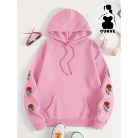 Plus Size Floral Rose Print Hoodie - Cozy, Stylish, 100% Polyester Knit Fabric, Slight Stretch for Fall/Winter