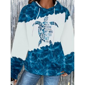 Women's Plus-Size Casual Hooded Sweatshirt - Sea Turtle Graphic Print Long Sleeve Pullover with Kangaroo Pocket, Blue & White Oceanic Design, Relaxed Fit for Spring/Fall, Sea Turtle Decor, Fall Hoodie, Durable Construction