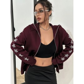 Plus Size - Women'S Plus Size Black Hooded Zip-Up Jacket with Sparkling Star Embellishments - Elegant Winter Outerwear, Long Sleeve, Front Pockets, Casual Style, Winter Jacket | Sparkling Embellishments | Zippered Hoodie