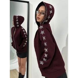 Plus Size - Women'S Plus Size Black Hooded Zip-Up Jacket with Sparkling Star Embellishments - Elegant Winter Outerwear, Long Sleeve, Front Pockets, Casual Style, Winter Jacket | Sparkling Embellishments | Zippered Hoodie