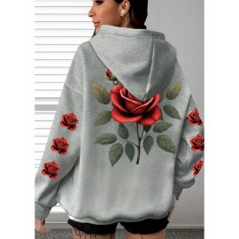 [Floral Print Hoodie] Women's Plus Size Floral Print Hoodie - Cozy Long Sleeve Pullover with Pockets, Soft Casual Wear, Brown with Red Roses and Green Leaves Design, Allseason Hoodie | Stylish Casualwear | Comfortable Fabri