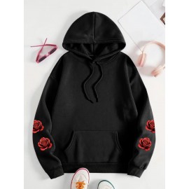 [Floral Print Hoodie] Women's Plus Size Floral Print Hoodie - Cozy Long Sleeve Pullover with Pockets, Soft Casual Wear, Brown with Red Roses and Green Leaves Design, Allseason Hoodie | Stylish Casualwear | Comfortable Fabri
