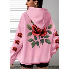 [Floral Print Hoodie] Women's Plus Size Floral Print Hoodie - Cozy Long Sleeve Pullover with Pockets, Soft Casual Wear, Brown with Red Roses and Green Leaves Design, Allseason Hoodie | Stylish Casualwear | Comfortable Fabri