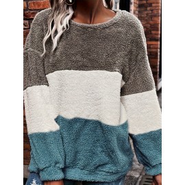 [Plus Size Fleece Hoodie] Cozy Plus Size Women's Plush Fleece Hoodie | Color Block Striped Loose Fit Pullover, Round Neck & Machine Washable | Casual Fall Winter Fashion Top, Comfortable Clothing, Nontransparent Material