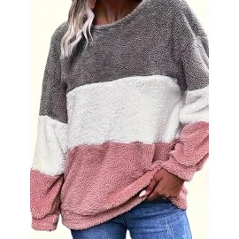 [Plus Size Fleece Hoodie] Cozy Plus Size Women's Plush Fleece Hoodie | Color Block Striped Loose Fit Pullover, Round Neck & Machine Washable | Casual Fall Winter Fashion Top, Comfortable Clothing, Nontransparent Material