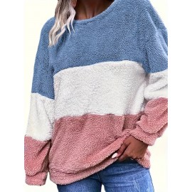 [Plus Size Fleece Hoodie] Cozy Plus Size Women's Plush Fleece Hoodie | Color Block Striped Loose Fit Pullover, Round Neck & Machine Washable | Casual Fall Winter Fashion Top, Comfortable Clothing, Nontransparent Material