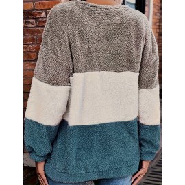 [Plus Size Fleece Hoodie] Cozy Plus Size Women's Plush Fleece Hoodie | Color Block Striped Loose Fit Pullover, Round Neck & Machine Washable | Casual Fall Winter Fashion Top, Comfortable Clothing, Nontransparent Material