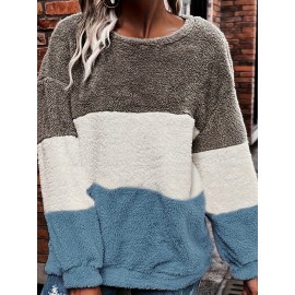 [Plus Size Fleece Hoodie] Cozy Plus Size Women's Plush Fleece Hoodie | Color Block Striped Loose Fit Pullover, Round Neck & Machine Washable | Casual Fall Winter Fashion Top, Comfortable Clothing, Nontransparent Material