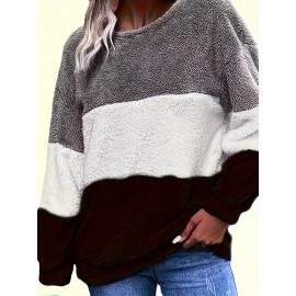 [Plus Size Fleece Hoodie] Cozy Plus Size Women's Plush Fleece Hoodie | Color Block Striped Loose Fit Pullover, Round Neck & Machine Washable | Casual Fall Winter Fashion Top, Comfortable Clothing, Nontransparent Material