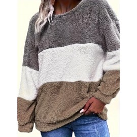 [Plus Size Fleece Hoodie] Cozy Plus Size Women's Plush Fleece Hoodie | Color Block Striped Loose Fit Pullover, Round Neck & Machine Washable | Casual Fall Winter Fashion Top, Comfortable Clothing, Nontransparent Material