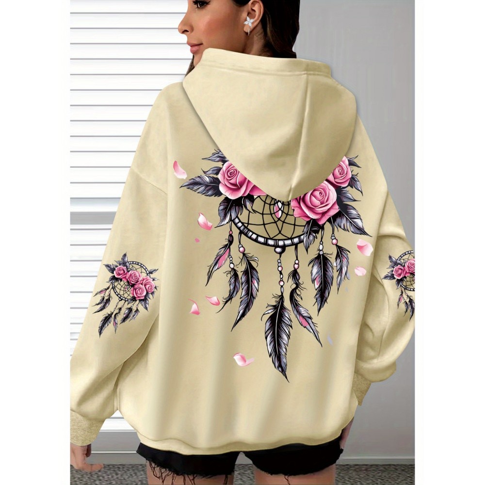 [Pink Oversized Hoodie] Soft Women's Oversized Hoodie | Floral Turtle Graphic Print Long Sleeve Pocket Sweatshirt, Pink All-Season Comfort Fit, Everyday Comfort Wear, Quality Casualwear