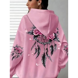 [Pink Oversized Hoodie] Soft Women's Oversized Hoodie | Floral Turtle Graphic Print Long Sleeve Pocket Sweatshirt, Pink All-Season Comfort Fit, Everyday Comfort Wear, Quality Casualwear