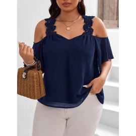 Plus Size - Plus Size Women'S Elegant Off-Shoulder Lace Blouse - Summer Collection, Chiffon, Round Neck, Short Sleeves, Solid Color, Medium Stretch, Stylish and Comfortable for Casual or Formal Occasions, Casual Chic Blouse | Elegant Offshoulder | Chiffon Fabric
