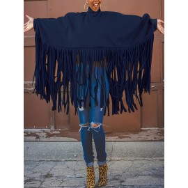 [Plus Size Tassel Top] Plus Size Women's Tassel Top - Vibrant Red Retro Chic Oversized High Neck Long Sleeve Blouse | Batwing Sleeves, Flowy Fabric, Stretchy Machine-Washable | Party & Banquet, Festive Outfit, Fall/Winter Fashion, Casual & Formal Events