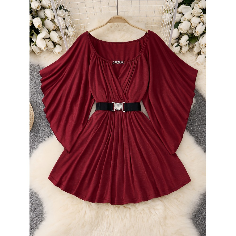 Plus Size - Elegant Plus Size V-Neck Long Sleeve Top with Heart Waist Belt - Stretchy Solid Color, Asymmetrical Hem, All-Season Fashion, Versatile for Casual or Formal Wear, Versatile Fashion | Asymmetrical Hemline | Comfortable Fit