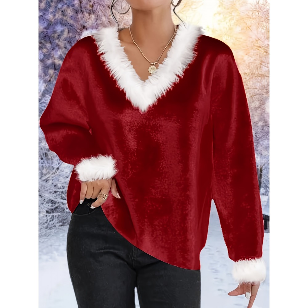 [Christmas | Plus Size Sweater] Plus Size Women's Elegant Christmas Sweater - Long Sleeve Round Neck Winter Warmth with Collar Trim, Stretchy Fabric for Holiday Parties & Casual Attire, Red & Contrast Collar