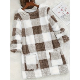 Plus Size - Women'S Plus Size Plaid Sweater - Cozy Fleece-Lined Long Sleeve Round Neck Top with Pockets, Casual Fall/Winter Wear