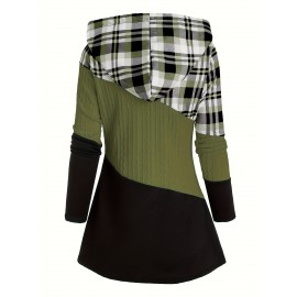 Plus Size - Plus Size Women'S Plaid Hooded Sweater - Long Sleeve Pullover with Drawstring Hood, Casual Fall/Winter Top, Pink & Checkered Pattern, Cozy Clothing | Relaxed Fit Sweater | Construction