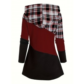 Plus Size - Plus Size Women'S Plaid Hooded Sweater - Long Sleeve Pullover with Drawstring Hood, Casual Fall/Winter Top, Pink & Checkered Pattern, Cozy Clothing | Relaxed Fit Sweater | Construction