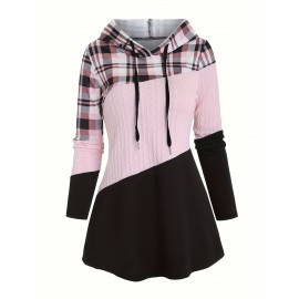 Plus Size - Plus Size Women'S Plaid Hooded Sweater - Long Sleeve Pullover with Drawstring Hood, Casual Fall/Winter Top, Pink & Checkered Pattern, Cozy Clothing | Relaxed Fit Sweater | Construction