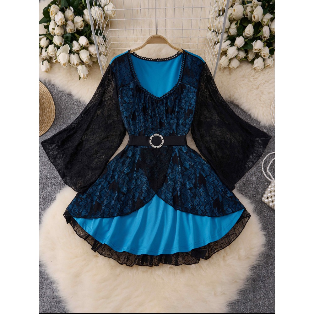 Plus Size - Elegant Plus Size Women'S Christmas Dress with Lace Trim and Belted Waist - Navy Blue Floral Print, Long Sleeve, Round Neck, Perfect for Spring/Fall Holiday Celebrations, Holiday Attire|Floral Print Dress|Lace Trim Dress