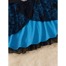 Plus Size - Elegant Plus Size Women'S Christmas Dress with Lace Trim and Belted Waist - Navy Blue Floral Print, Long Sleeve, Round Neck, Perfect for Spring/Fall Holiday Celebrations, Holiday Attire|Floral Print Dress|Lace Trim Dress