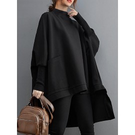 Plus Size - Plus Size Women'S High Neck Batwing Sleeve T-Shirt - Stretchy Fleece-Lined Mid-Length Top with Asymmetrical Hem, Casual Chic Solid Color Design for Fall/Winter, Versatile Layering Piece, Winter Clothing | Asymmetrical Hemline