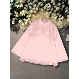 [Plus Size Chiffon Shirt] Plus Size Elegant Long-Sleeve Chiffon Shirt | High-Density, Soft Lining, Flowing Mesh, Henley Neckline, Smooth Tailoring | Spring & Autumn Outings