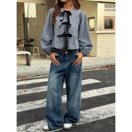 Plus Size - Women'S Plus Size Checkered Lace-Up Blouse - Casual Long Sleeve Crew Neck Top with Tie Detail, Black & White Gingham Pattern, Loose Fit for Spring/Summer/Fall, Plus Size Blouses