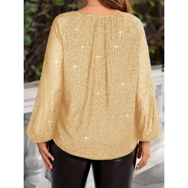 Plus Size - Women'S Elegant Golden Sequin Blouse with Ruffled Sleeves - Round Neck, Long Sleeve, Stretchy Blend, Perfect for Casual or Formal Occasions, Formal Attire | Ruffled Sleeve Top | Blend, Plus Size Sequin Top For Women, Plus Size Women Top, Plus Size Women Blouse, Plus Size Women Clothes, Plus Size Women, Top For Women Plus Size, Lady Plus Size Top